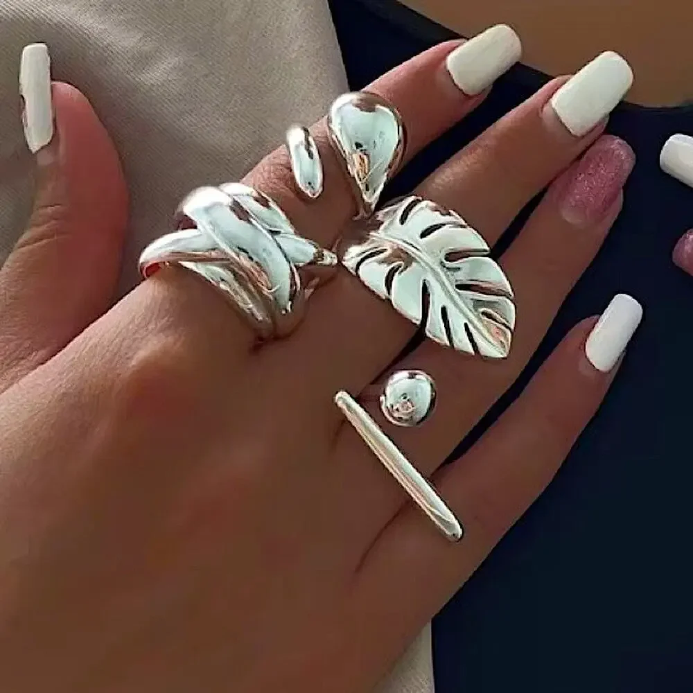 Silver Feather Leaf Leaves Ring Adjustable Stainless Steel Gold Plated